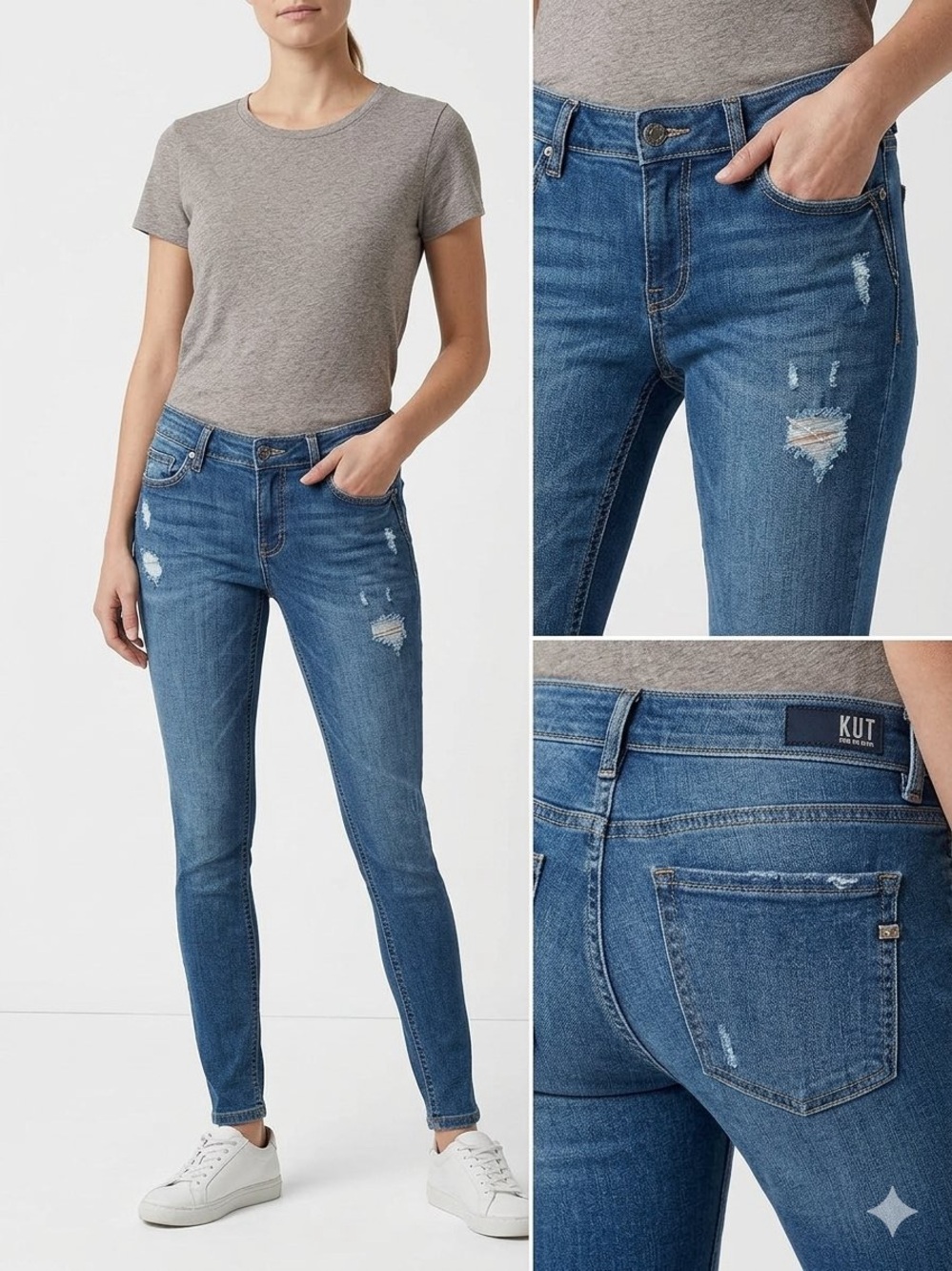 Kut from the Kloth Medium Blue Skinny Jeans - Distressed Stretch Denim
